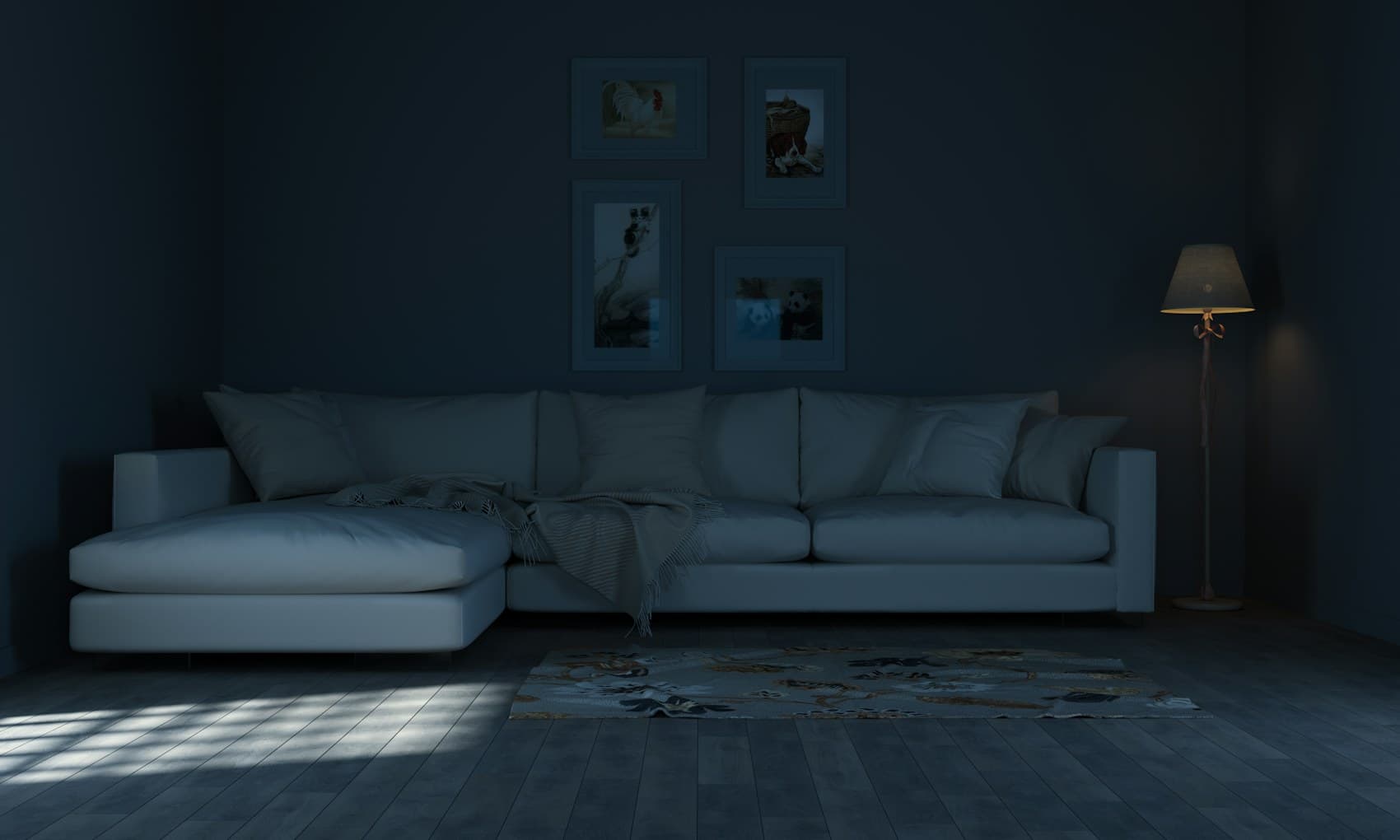 A premium living room in the evening, set up for the perfect Welltron home